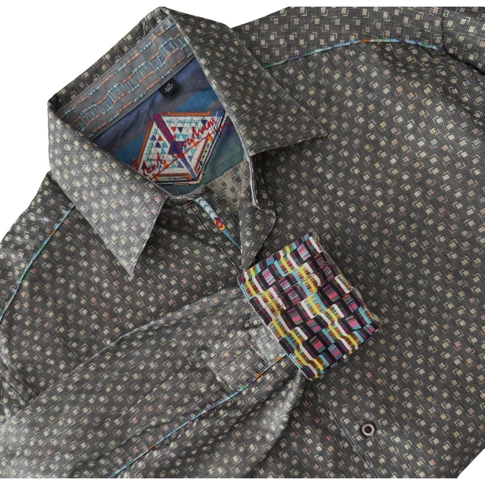 Robert Graham Shirt L Gray Geometric Woven Cotton Silk Flip‎ Cuff Embroidered
